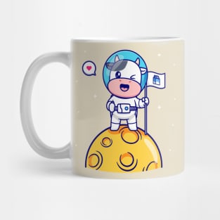 Cute Astronaut Cow Holding Flag Milk On The Moon Cartoon Mug